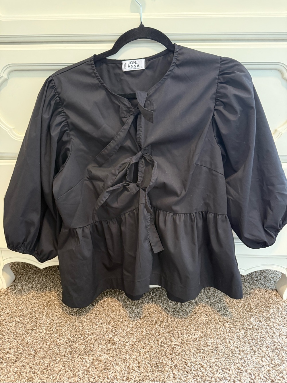 Jon & Anna Black Tie-Front Peplum Blouse with Puff Sleeves